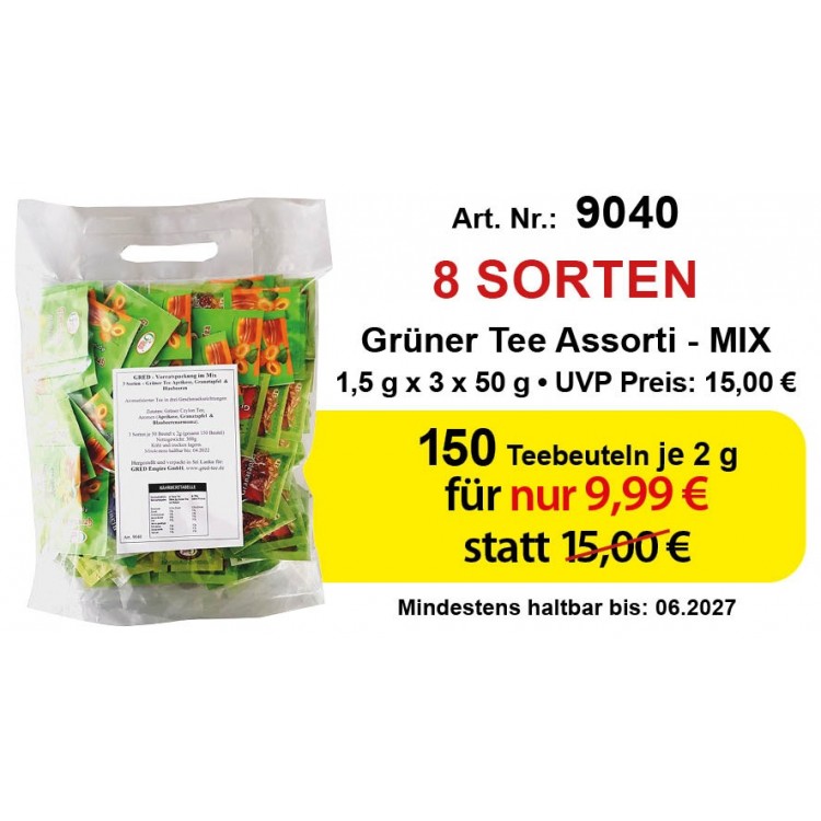 Art. 9040 Gred Grüner Tee Asorti Mix TB 150 Tee Beutel x 2 gr Art. 9040 Gred Grüner Tee Asorti Mix TB 150 Tee Beutel x 2 gr