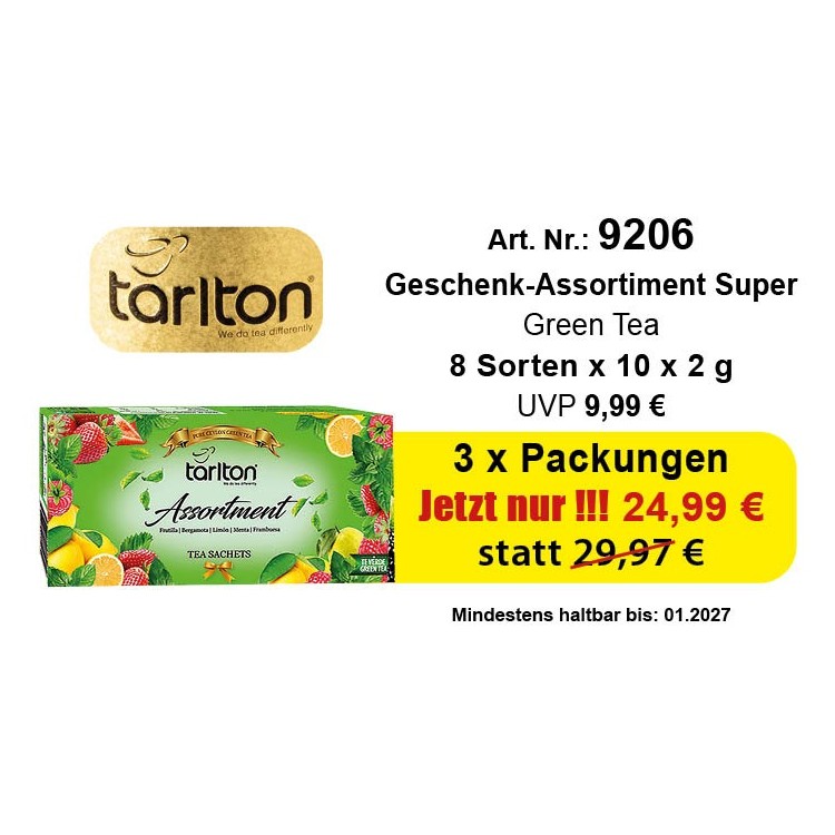Art. 9206 Angebot 3 x Tarlton Geschenk-Assortiment Super Green Tee 8 Flaver 8 x 10 x 2 Gr. Art. 9206 Angebot 3 x Tarlton Geschenk-Assortiment Super Green Tee 8 Flaver 8 x 10 x 2 Gr.
