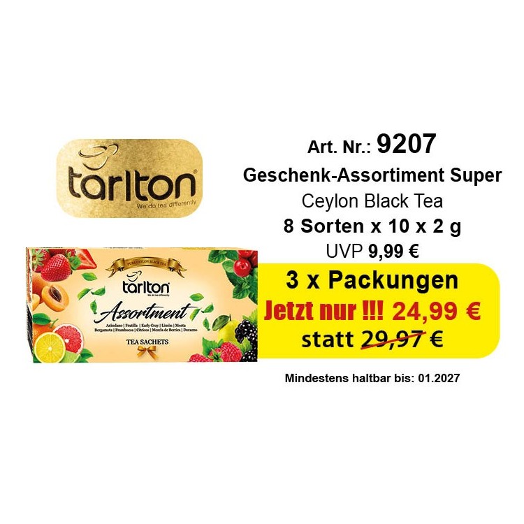 Art. 9207 Angebot 3 x Tarlton Geschenk-Assortiment Super Schwarzer Tee 8 Flaver 8 x 10 x 2 Gr. Art. 9207 Angebot 3 x Tarlton Geschenk-Assortiment Super Schwarzer Tee 8 Flaver 8 x 10 x 2 Gr.