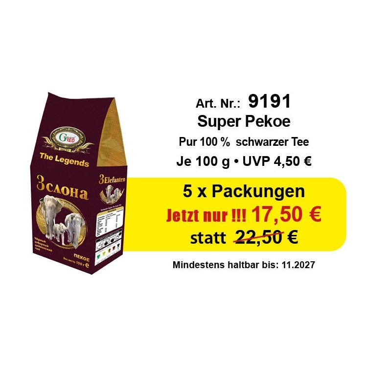 Atr. 9191 5 x Gred Schwarzer Ceylon Tee Super Pekoe je 100 Gr. Atr. 9191 5 x Gred Schwarzer Ceylon Tee Super Pekoe je 100 Gr.