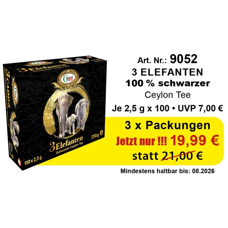 ANGEBOT 3x Gred Schwarzer Tee 3 Elefanten 2,5g x 100