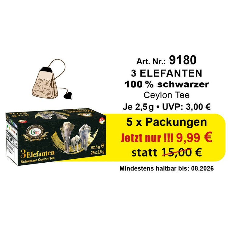 Art. 9180 Angebot  5 x 3 Elefanten Ceylon Schwarzer Tee
