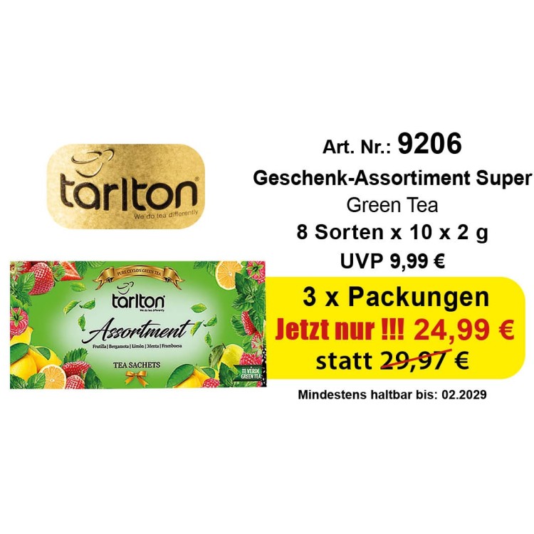 Art. 9206 Angebot 3 x Tarlton Geschenk-Assortiment Super Green Tee 8 Flaver 8 x 10 x 2 Gr.