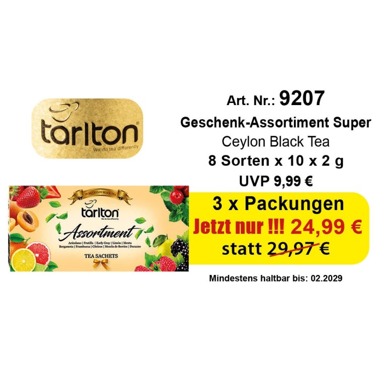 Art. 9207 Angebot 3 x Tarlton Geschenk-Assortiment Super Schwarzer Tee 8 Flaver 8  x 10 x 2 Gr.