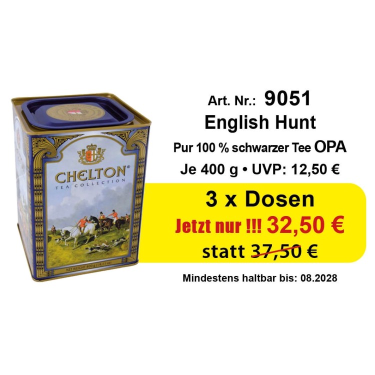 Art. 9051 3 x CHELTON Englich Hunt schwarzer Ceylon Tee 400g