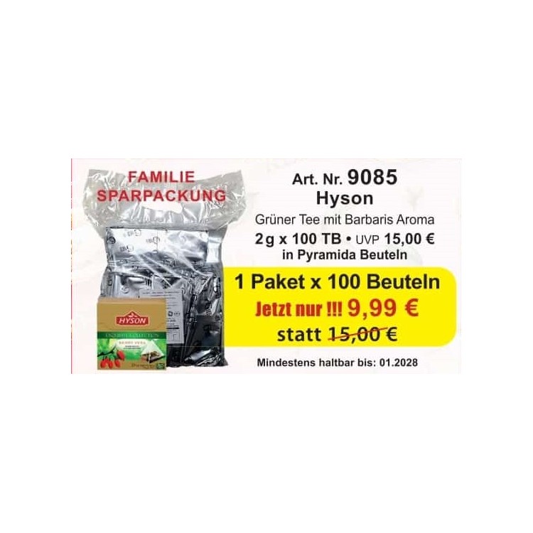 Art. 9085 je HysonGruener Tee mit Barbaris Aroma 2,5 Gr. in 150 TB Family Pack