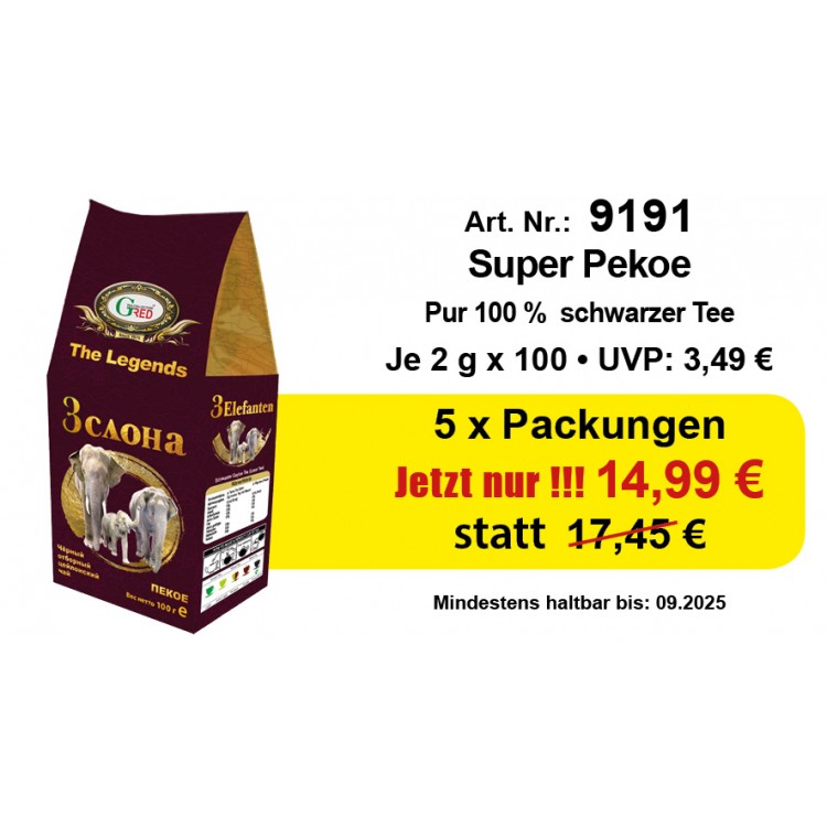 Atr. 9191 5 x Gred Schwarzer Ceylon Tee Super Pekoe je 100 Gr.